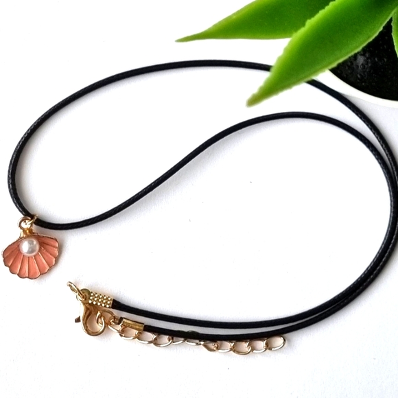 Necklace | Pink Scallop & Faux Pearl Pendant | Black Cord | Gold Toned Findings - Picture 5 of 8